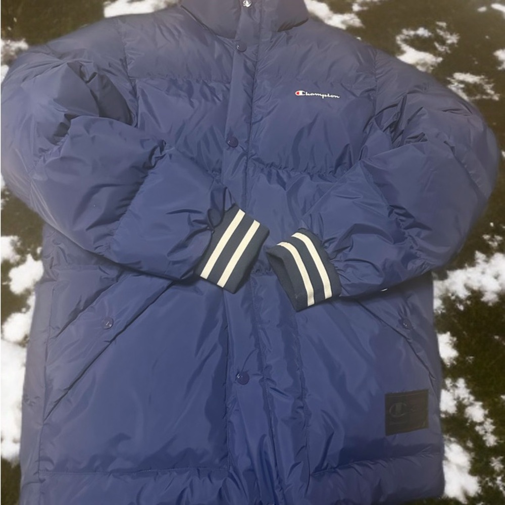 Champion Navy Puffer Jacket with Striped Cuffs